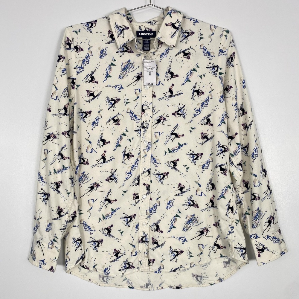 Lands End Shirt‎ Women 10-12 Ivory Flannel Skiers Print Button Front Long Sleeve